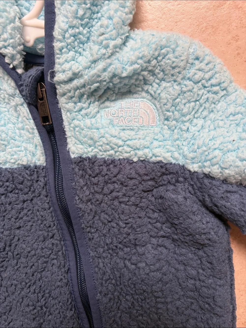 North face Light Blue and Navy Sherpa Baby One-Piece Hooded Romper